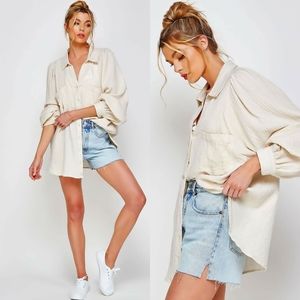 Cream Textured Gauze Button Down Blouse Top